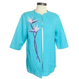 VTG Bob Mackie Wearable Art Jacket Turquoise SZ L Linen Blend Floral Retro